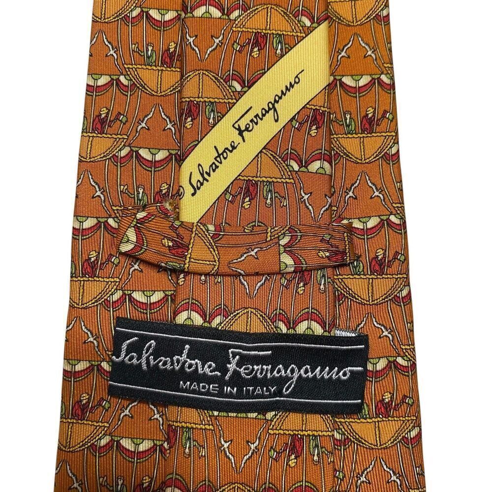 Salvatore Ferragamo Tie Mens Orange 100% Silk Made in Italy Novelty
